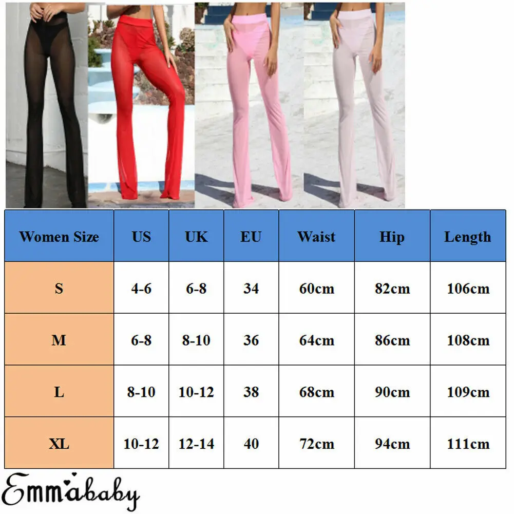 Women Sexy Beach Sheer Mesh See Through Transparent High Elastic Waist Bikini Cover Up Swimwear Bell Bottom Flare Pants Trousers