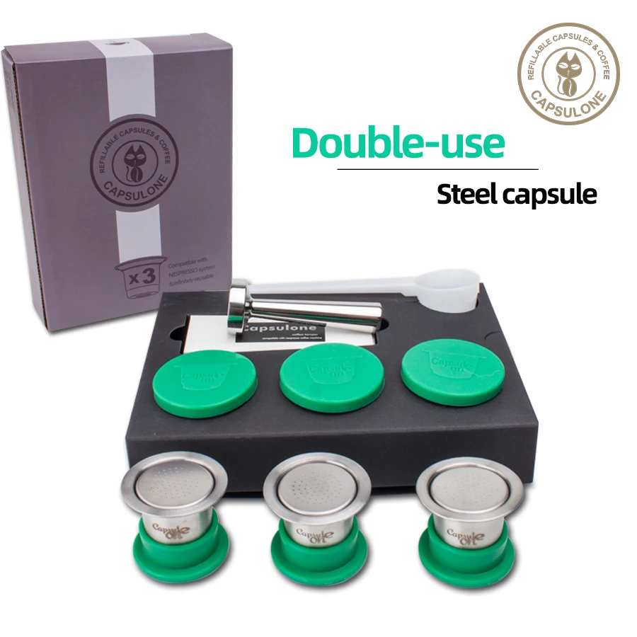 capsulone Refillable Reusable Stainless Steel Coffee Capsulas Compatible with Nespresso Machines Maker 3 Pod +120 Seals