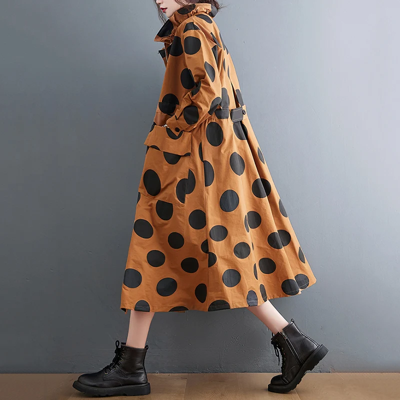 2026 Autumn Winter Oversized Polka Dot Long Trench Coat For Women Clothes Stand Collar Drawstring Fashion Casual Loose Outerwear