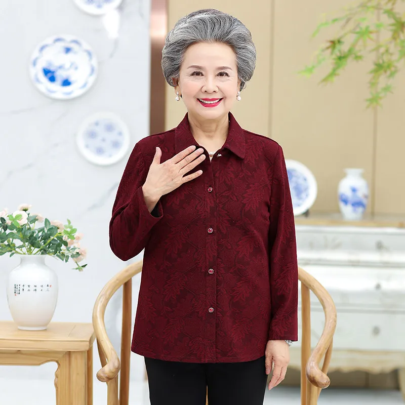 Chemisier à manches longues imprimé pour femme, chemise femme d'âge mûr, grand-mère, manteau de printemps, chemisier cardigan, automne, Y-60-70 ans, 1485