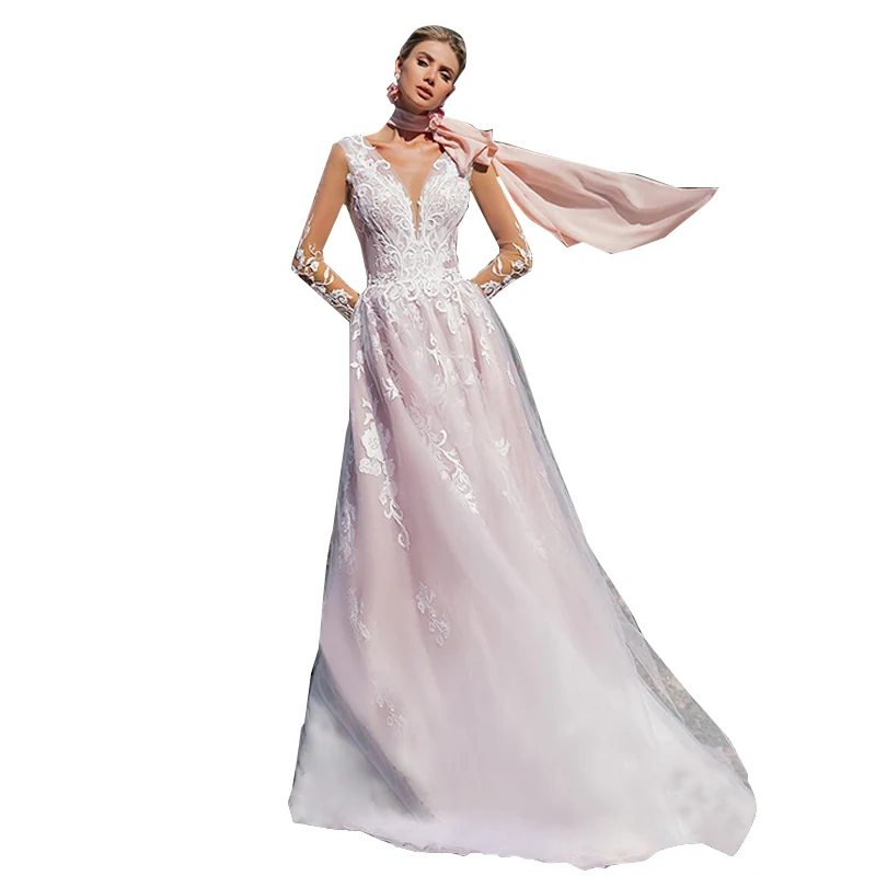 LOUIS NOVIAS – Robe De mariée trapèze, manches longues, col en v, dentelle perlée, broderie, fermeture éclair, exquise, 2022