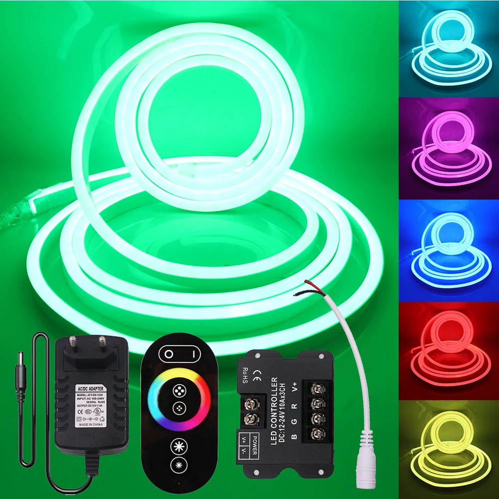 Touch Remote RGB 12V Neon Light Sign LED Strip 5050 2835 Waterproof IP68 Flexible Rope Lights EU US Power Plug Kit 1m 2m 5m 10m