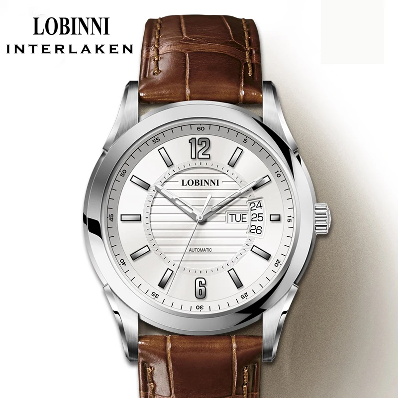 LOBINNI العلامة التجارية الفاخرة الرجال ساعة الرجال الياقوت الزجاج مقاوم للماء ساعة ميوتا التلقائية الميكانيكية ساعات المعصم ساعة التقويم