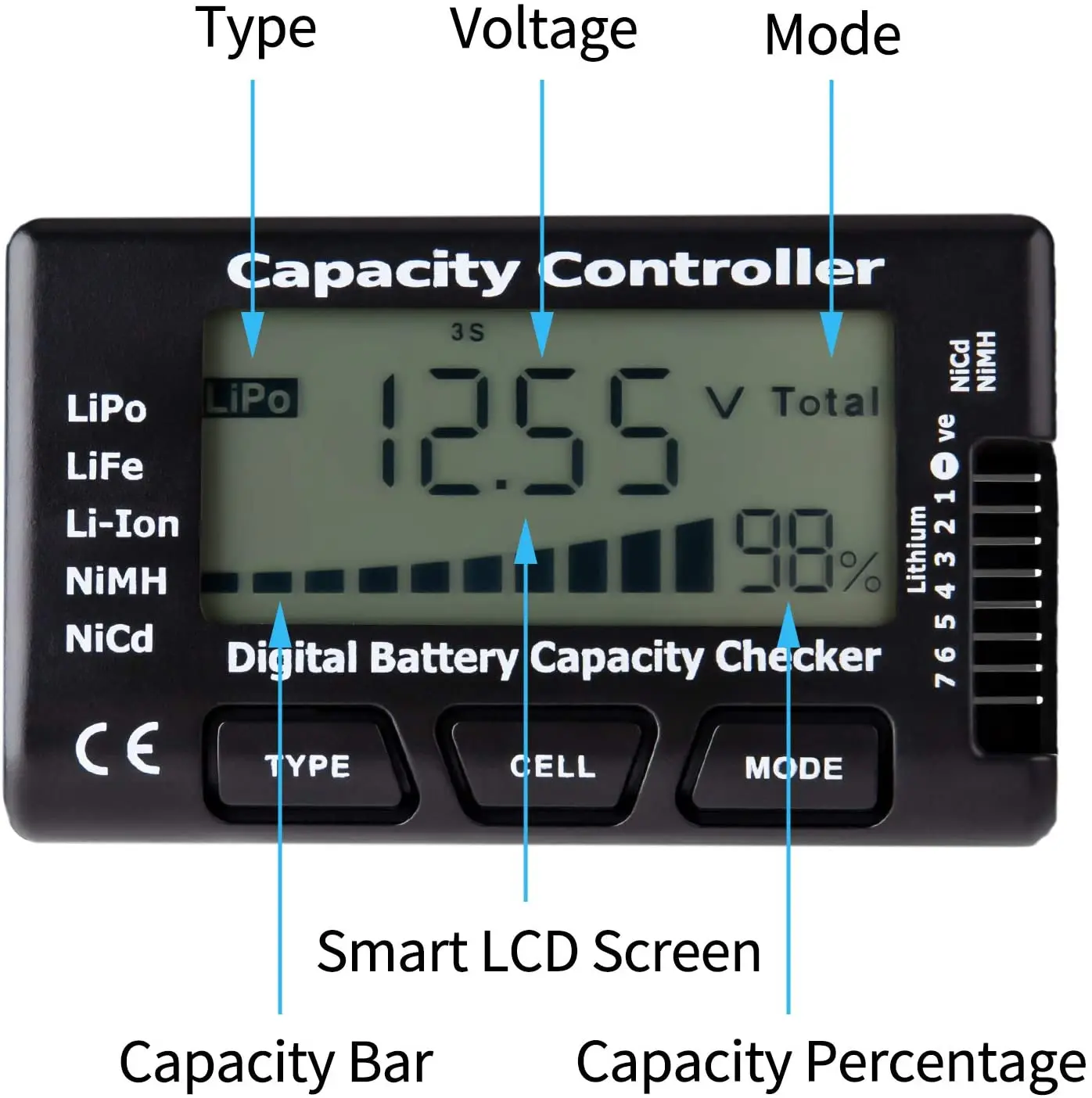 1-7S Digital Battery Capacity Detector Power Display LCD Checker Tester Voltage Controller LiPo LiFe Li-ion NiMH Nicd for RC Car