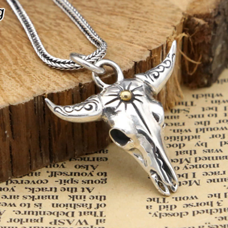 S925 Sterling Silver Jewelry Vintage Thai Silver Engraved Sun Ray Bull Head Pendant Men's Necklace Collar Pendant