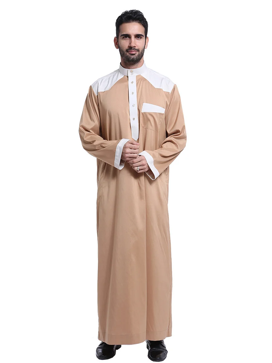 Nieuwe Moslim Marokkaanse Lange Mouwen Islamitische Mannen Splicing Effen Kleur Gewaad Arabische Kaftan Saudi Dubai Kleding