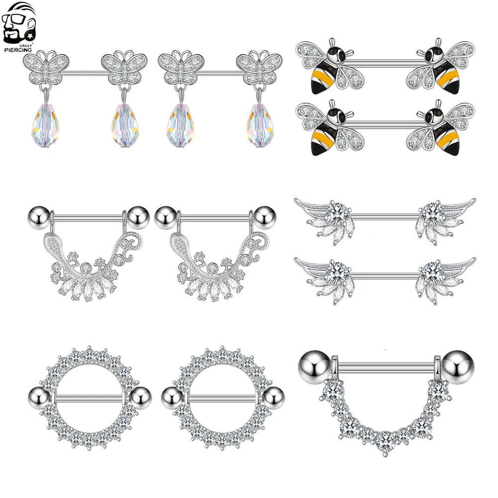 1 Pair 14G Butterfly Bee Nipple Piercings Bar Women Nipple Rings Shield Cover Barbell Breast Crystal Steel Body Piercing Jewelry