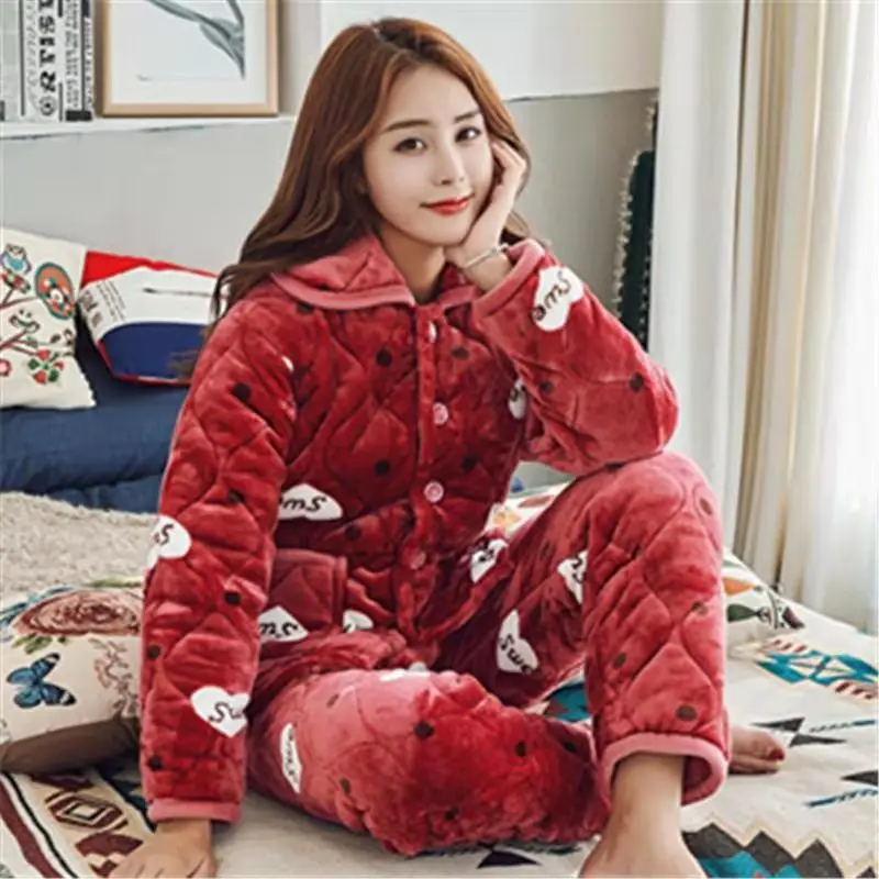 2 Piece/lot Winter Women Pajamas set Sweet Thick Flannel Long Homewear Sleep Lounge Velvet Pajama Female Pyjama