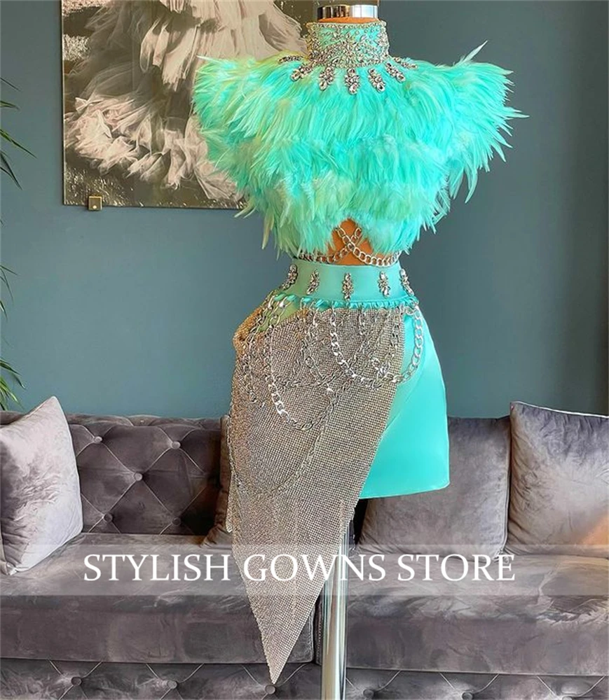 Mint Groen Herfst Luxe Twee Stukken Veer Korte Prom Dress 2023 Kralen Mini Cocktail Homecoming Hoge Hals Birthday Party Jurken