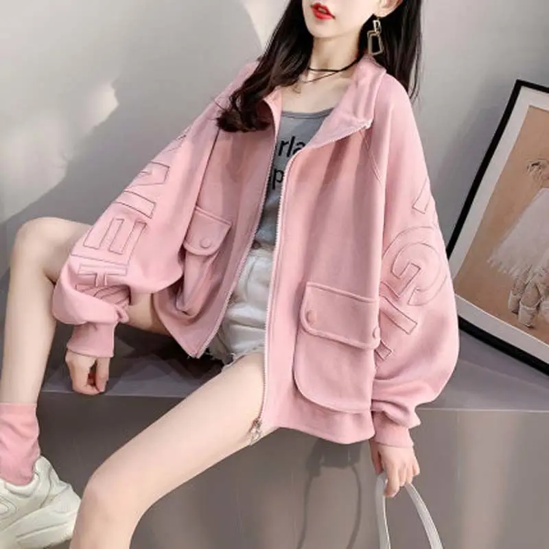 

Fashion Loose Coat Women Jacket Sportswear Spring Autumn Zipper Pocket Coat Female Korea Style Casual Short Outerwear Tops