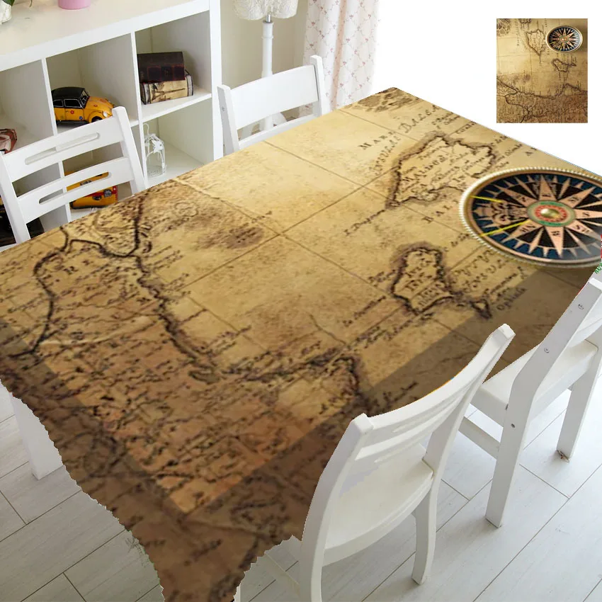Antique Old Pirate Map Tablecloths for Rectangle Table Cover Medieval Compass Vintage Table Cloths Home Decoration Waterproof