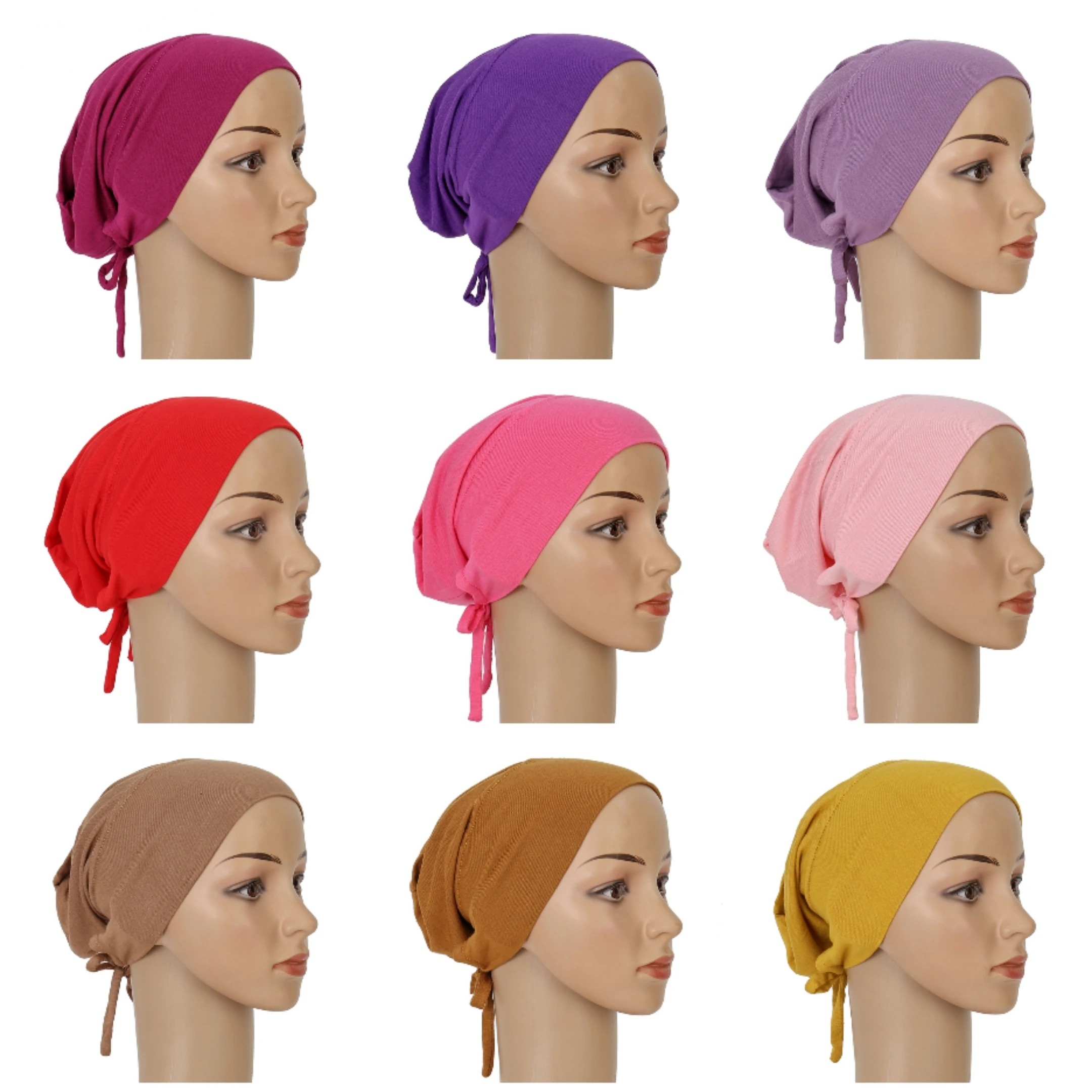 Muslim Women Elastic Tie Back Inner Hijab Caps Cotton Jersey Stretch Underscarf Modal Bonnet Headwrap Adjustable Turbante Mujer