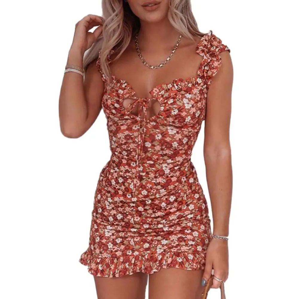 Nowa letnia dekolt w szpic wycięty kwiatowy wykończone frędzlami Mini sukienka sukienka elegancka seksowna sukienka Bodycon na imprezę плацие летнее 2021 плация