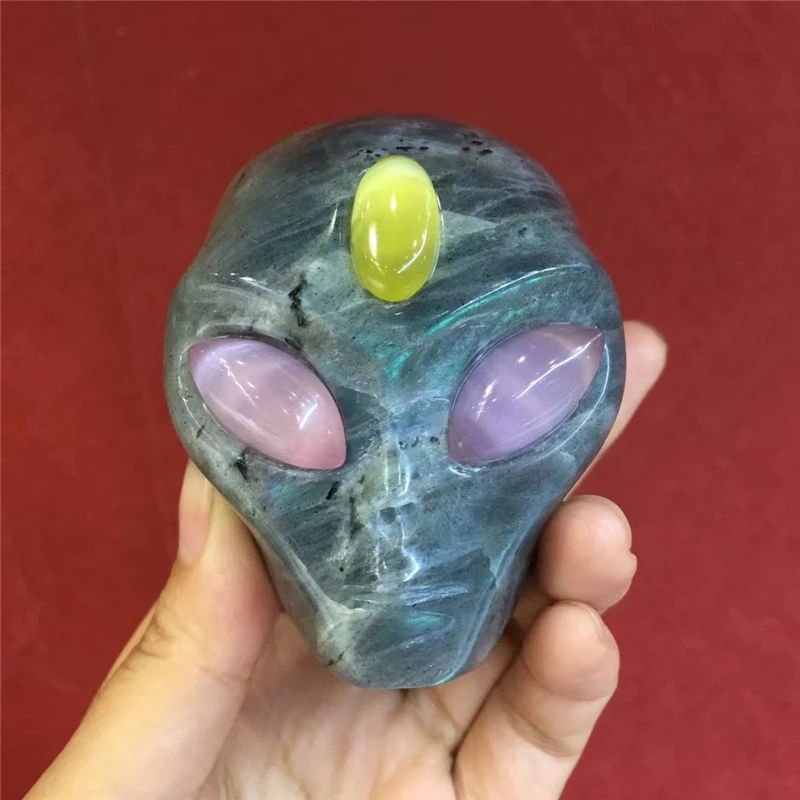 

Natural Stone Labradorite Carving Crystal Alien Skull Chakra Healing Quartz Reiki For Gift Or Decoration