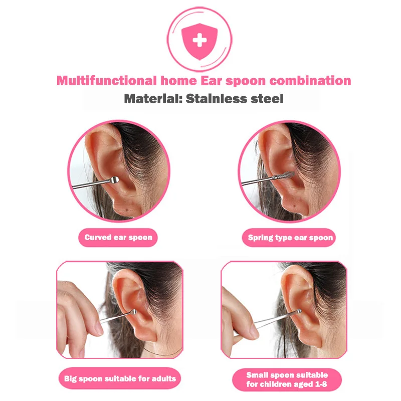 8Pcs Ear Pick Ear Wax Cleaning Tools Ear Spoon Remover Curette Kit With Storage Box 5 Kinds Of Handle Design