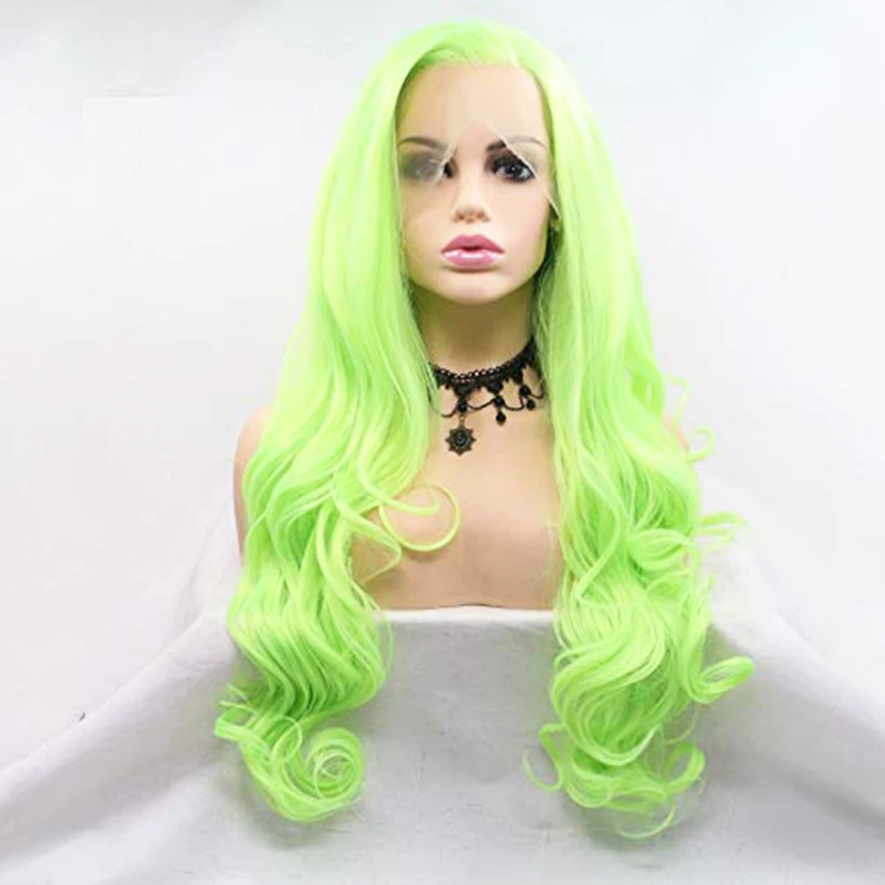 Fluorescent Green Natural Wave Synthetic Lace Front Wigs Side Part Half Tied Cosplay Wigs Heat Resistant Fiber Hair For Women