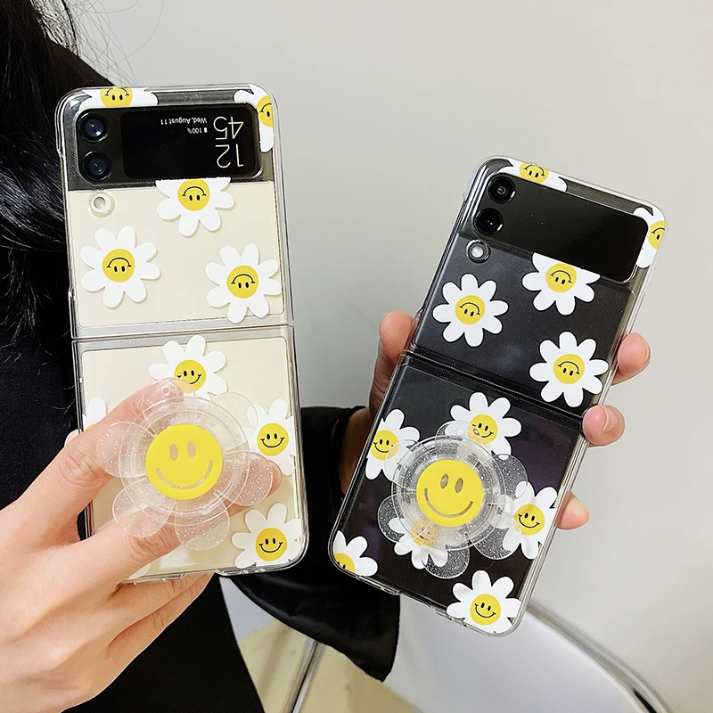 Beautiful Sunflower Phone Case For Samsung Galaxy Z Flip 6 5 4 3 5G Smile Holder Clear Hard PC Cover Case For Samsung Z Flip 1 2