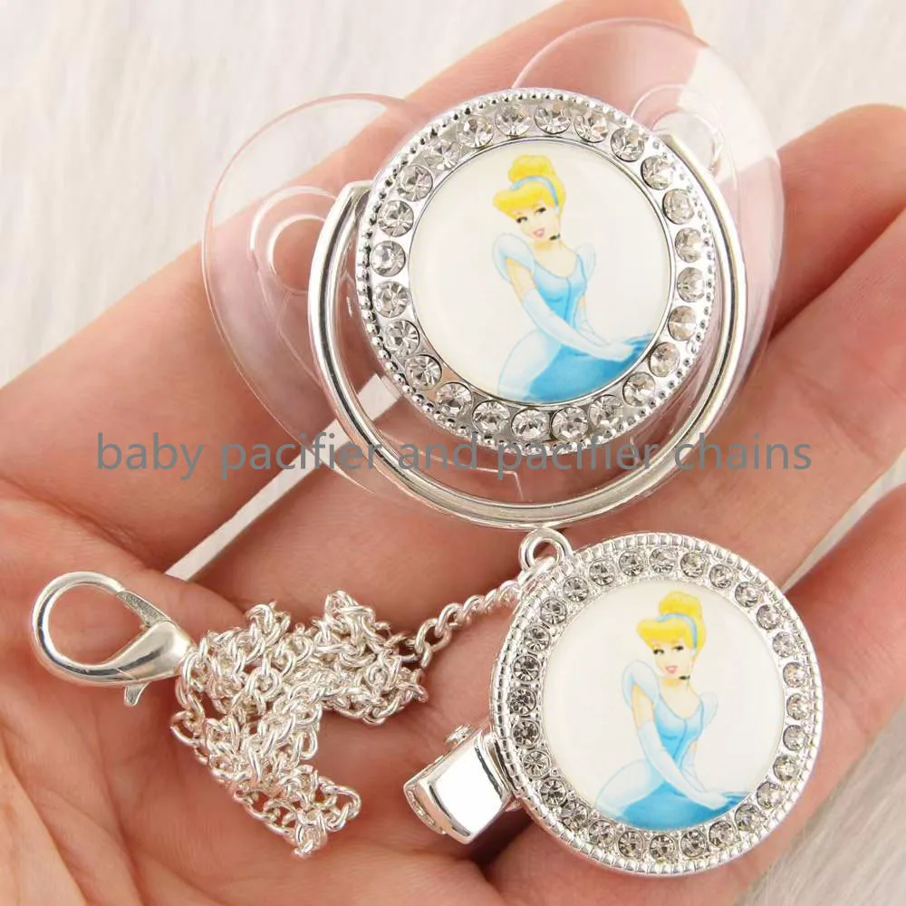 1set Disney Cartoon Silver Transparent Baby Pacifier with Clip Newborn BPA Free Luxury Bling Tetine Bebe and Pacifier Clips