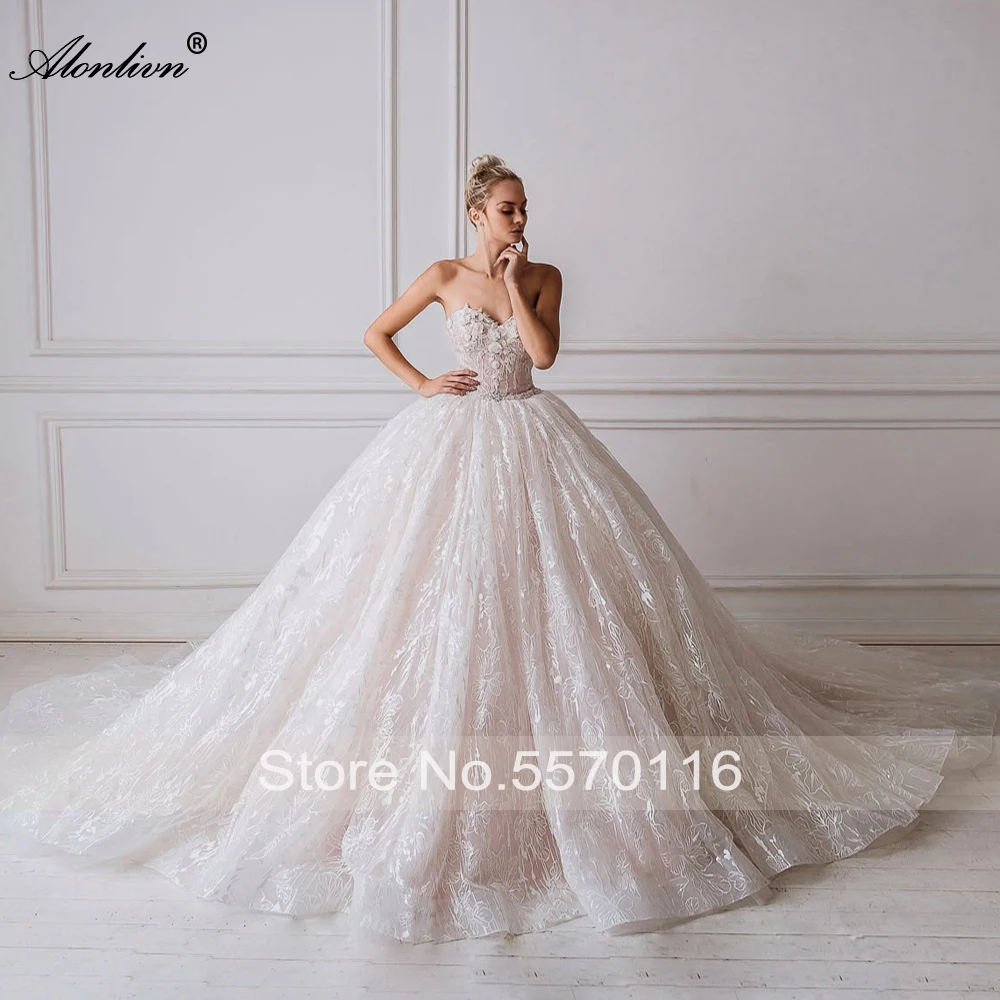Alonlivn Gorgeous Lace Princess Wedding Dresses with Beading Pearls Sweetheart Full Lace Ball Gown Bride Dresses Chapel Train