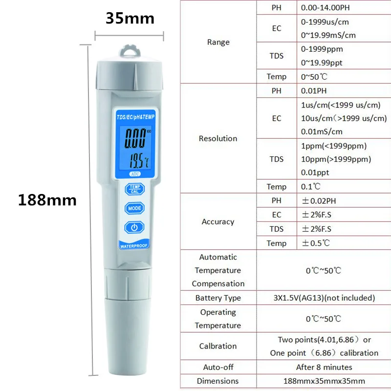 수족관용 TDS/PH/EC/온도계 PH-3508, 백라이트 포함, 방수 디지털 수질 모니터 테스터, 4 in 1