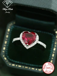 Lab Created Ruby Real Echt 925 Sterling Silver Party Ring For Women Imitation Red Heart Shape Gemstone Female Love Cute Gifts