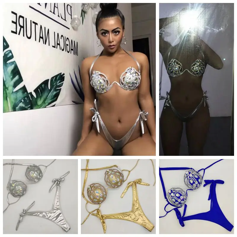 

2020 venus vacation sexy hollow out diamond bikini set mosaic push up bling stones swimwear mature women swimsuit bathing suit