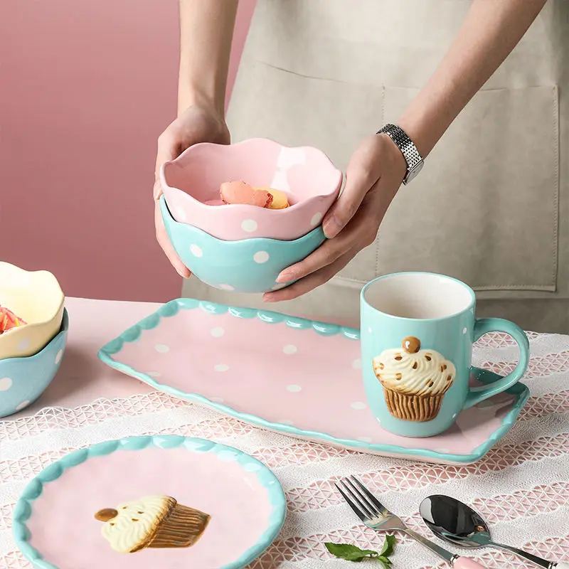 Children Eating, Bowls, Dishes Creative Cake Cute Girly Heart Mug and Saucer Ceramic Net Red Tableware Set Nordic Style