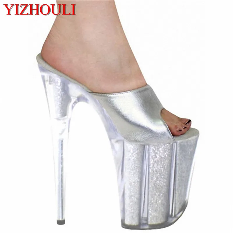 

8 Inch Summer Clear High Heel Slipper For Women Sexy Crystal Shoes 20cm Silver Glitter Slippers Dancer Stripper Platforms Shoes