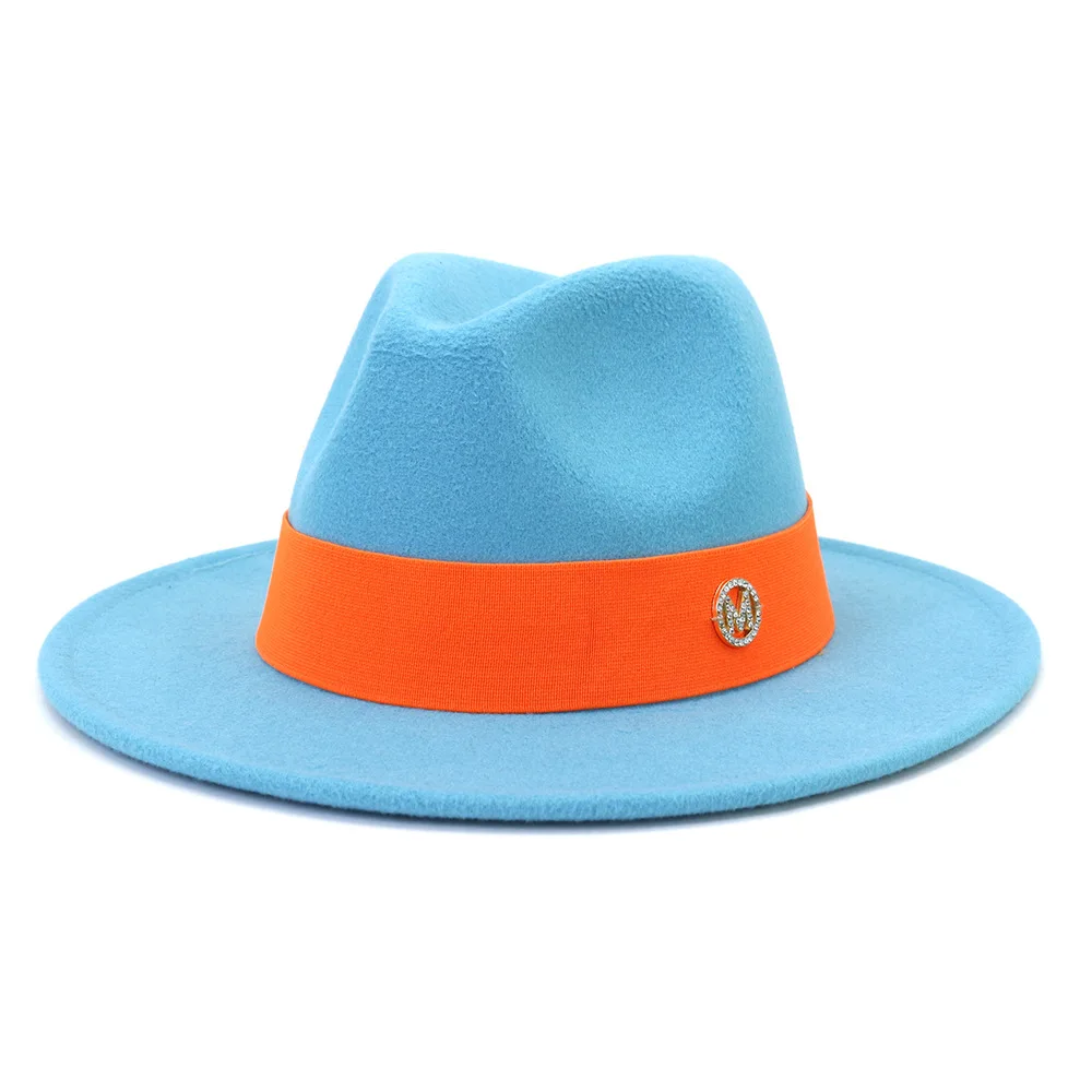 Colorful Wool Fedoras Hats For Women Men Orange Red Hat M Mark Belt Panama Outdoor Travel Cap Wide Brim 55-58CM шапка casquette