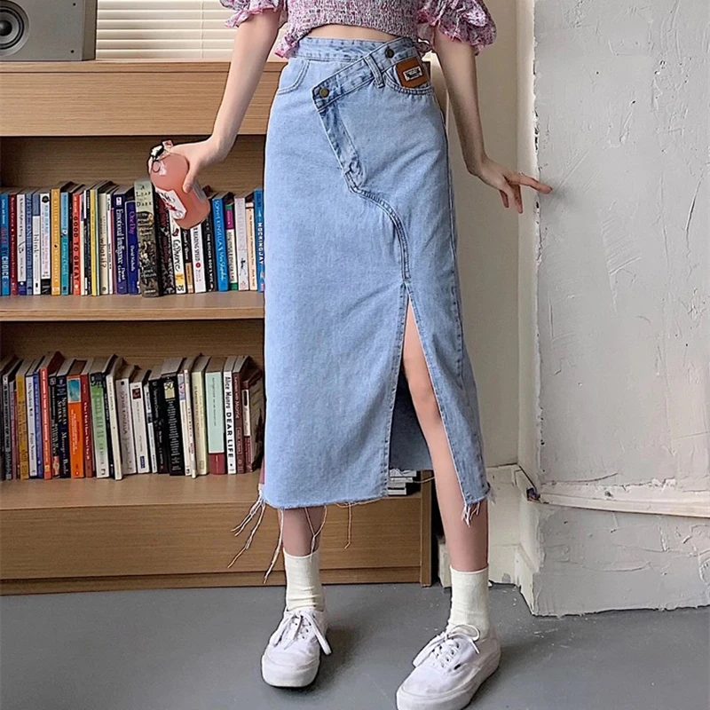 Women\'s Retro High-Quality Irregular Split Denim Skirt 2021 Summer New Women\'s High-Waisted Slim Long A-Line Bag Hip Denim Skirt