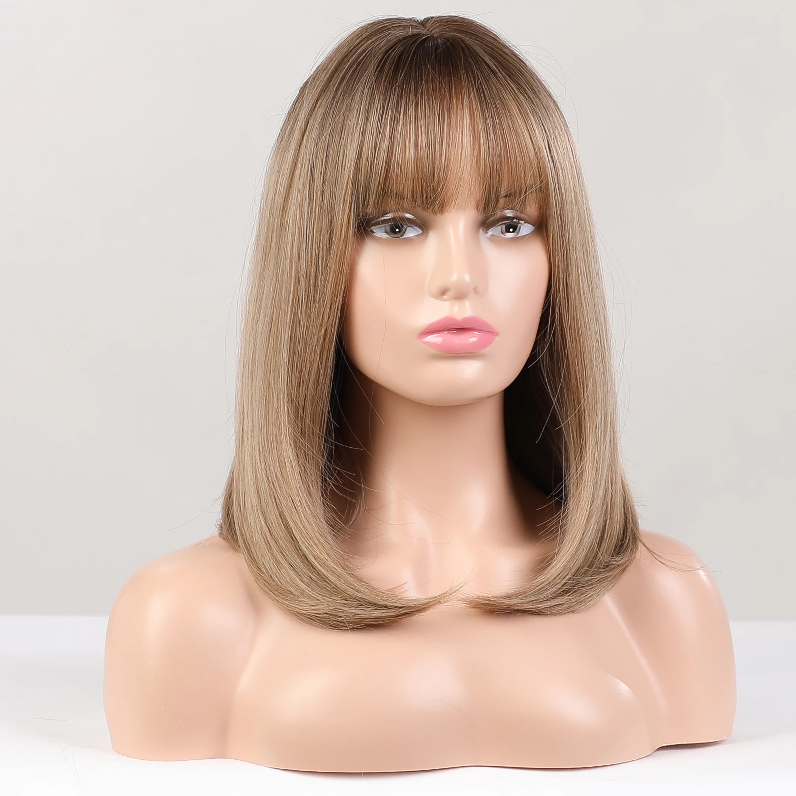 GEMMA Ombre Brown Blonde Synthetic Wig with Bangs Shoulder Length Straight Wig for Women Heat Resistant Fibre Cosplay Daily Hair