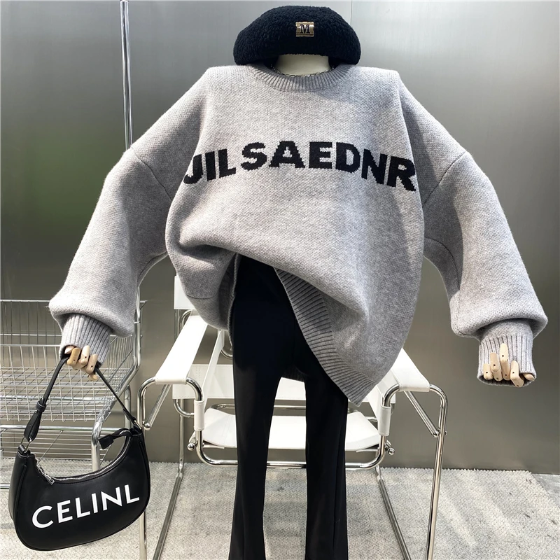 New Brand Original Design 2021 Versatile Foreign Style Knitted Top Lazy Wind Multicolor Round Neck Loose Letter Pullover Sweater