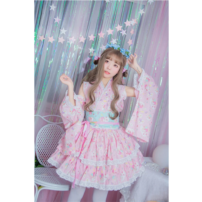 

Girls Kawaii Japanese Kimono Lovelive Woman Print Lolita Tutu Dress Lovely Tea Party Cosplay Costume Princess Fairy Clothes