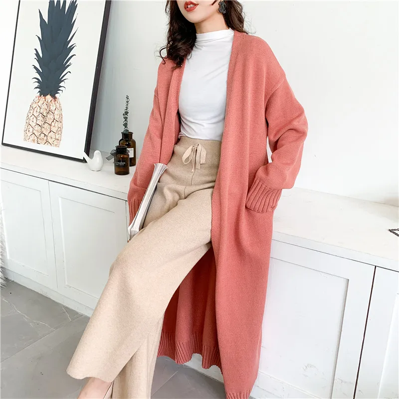 [ZAYAU]Long Knitted Cardigan women's Korean Version New Net Red Lazy Wind Loose Sweater over the Knee Jacket Thin in Winter