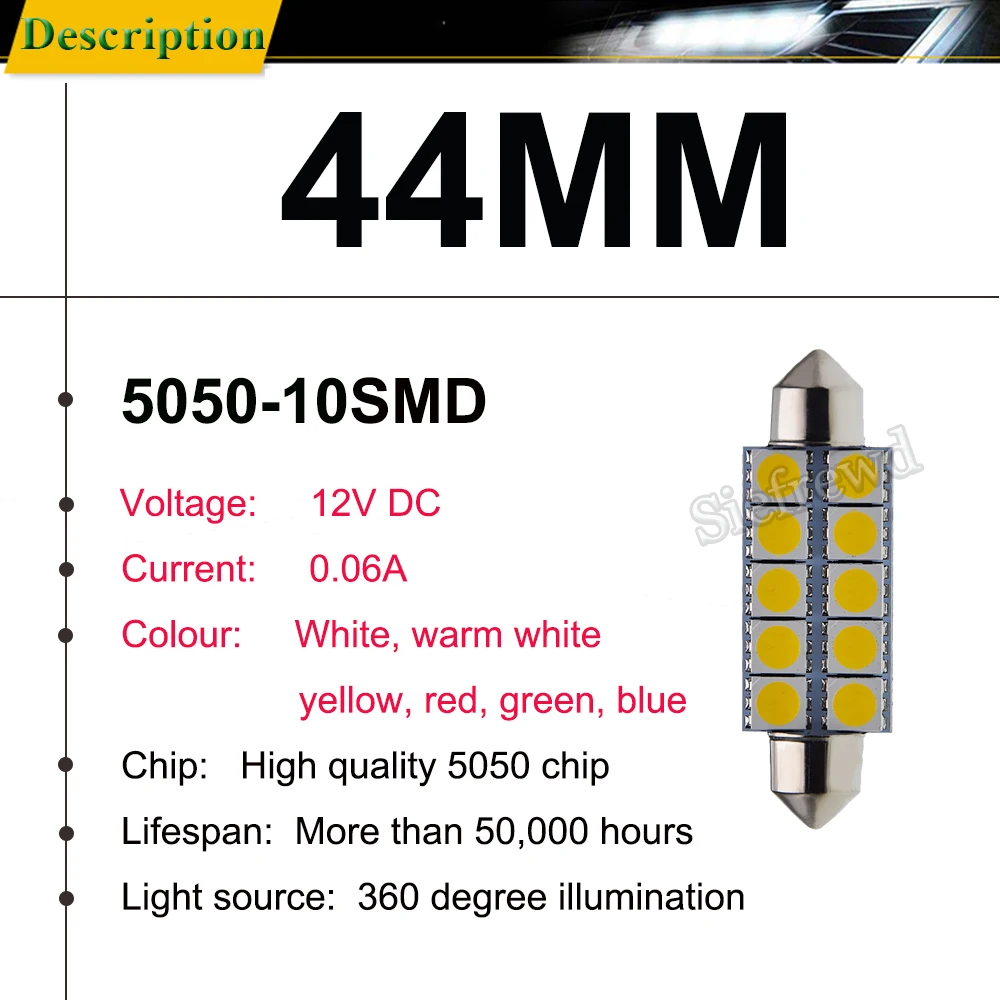 10Pcs 44mm 1.73inch LED Car Interior Dome Map Festoon Lamp License Plate Light Trunk Bulb C5W C10W 5050 10 SMD 12V DC Warm White