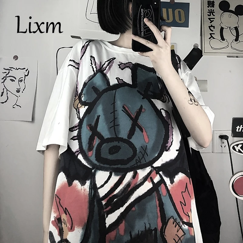 

2020 summer anime T-shirt crying doll bear Harajuku style white cartoon short sleeve loose wild