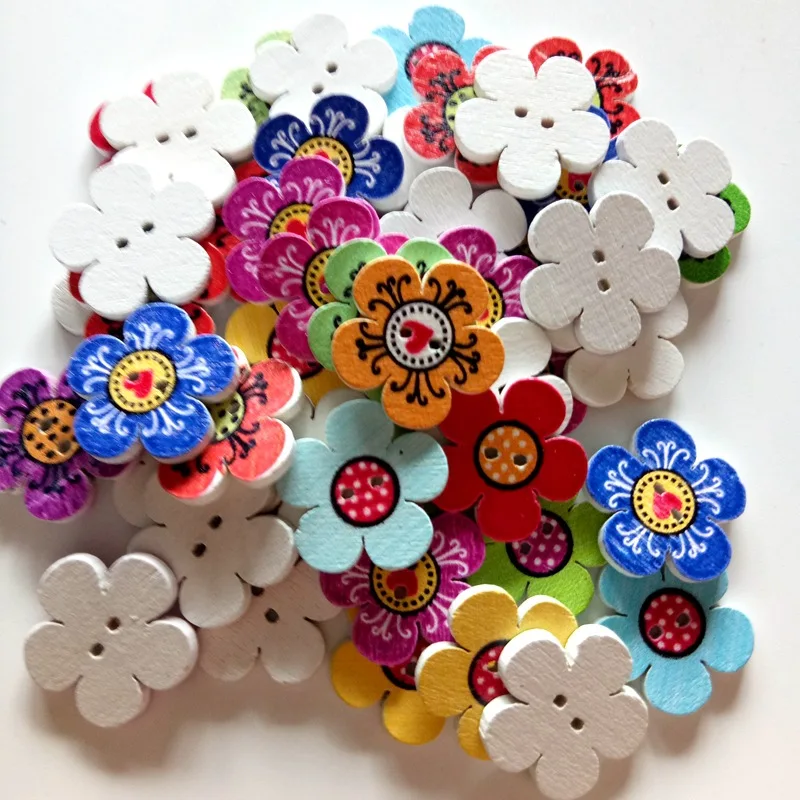 20pcs Wood Sewing Buttons Scrapbooking Craft Garment Clothes DIY Supply Flower 2 Holes Random Color 14 x 15 mm