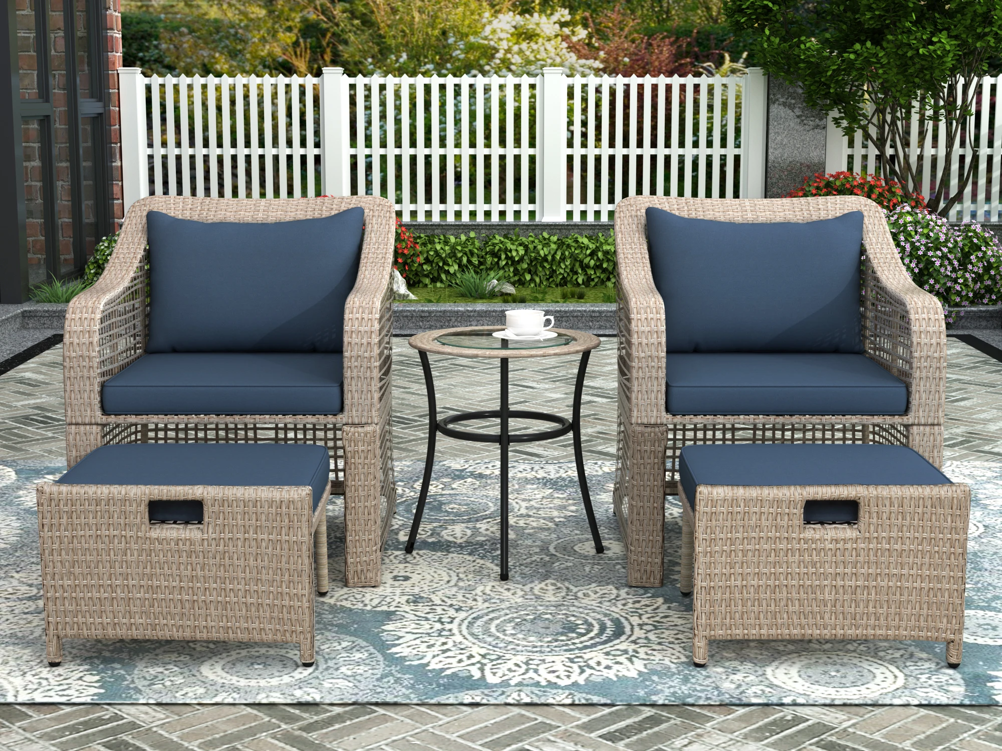 5-Piece Outdoor Furniture Set Patio Conversation Set Bistro Set Rattan Wicker Chairs with Stools&Tempered Glass Table[US-Depot]