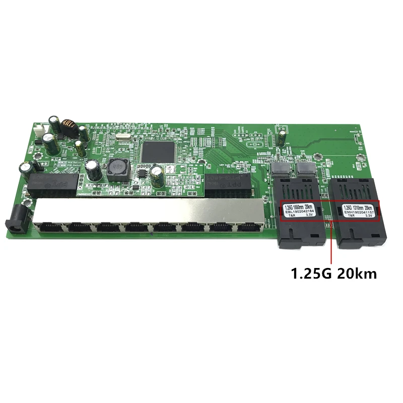 Reverse PoE 10/100/1000M Gigabit Ethernet switch  Fiber Optical Single Mode 8 RJ45 and 2 SC fiber Motherboard1.25G 20KM
