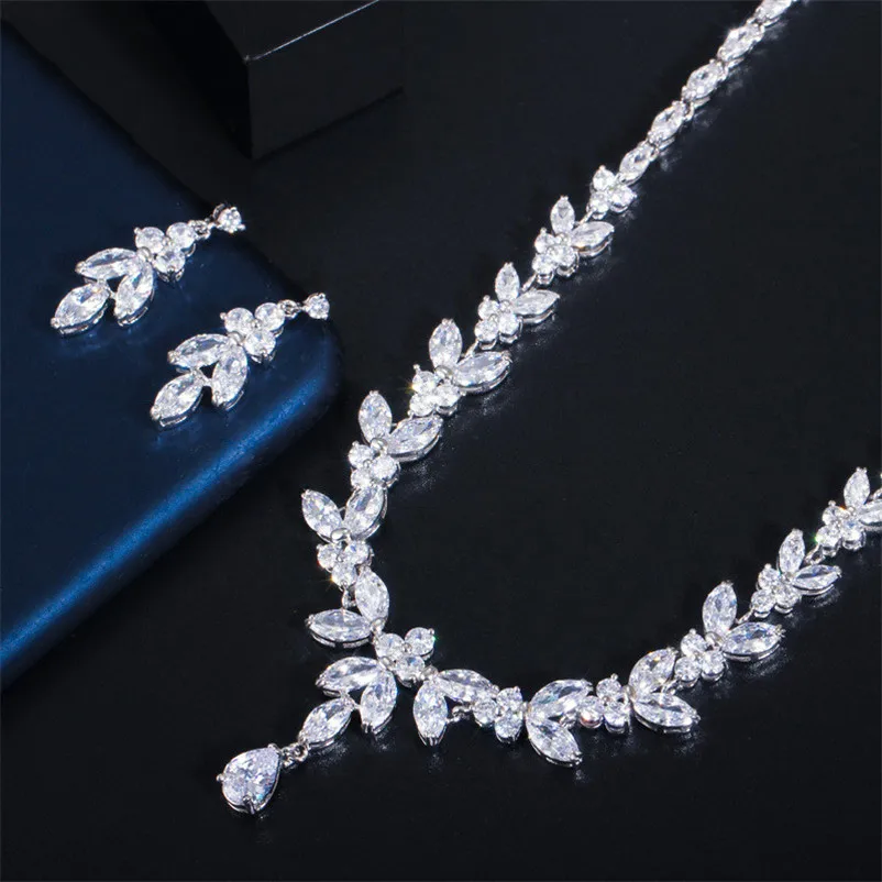 CC Jewelry Sets For Women Olive Branch Design Water Drop Fine Gift Brides Popular Wedding Party Necklace Earring Set T0133