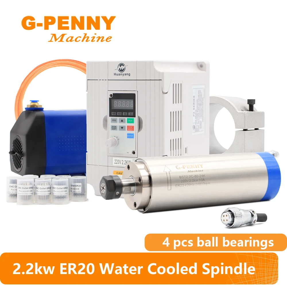 

G-penny 2.2kw ER20 Water Cooled 4pcs bearings spindle motor and 2.2kw Motor Speed Controller and 80mm bracket and water pump R