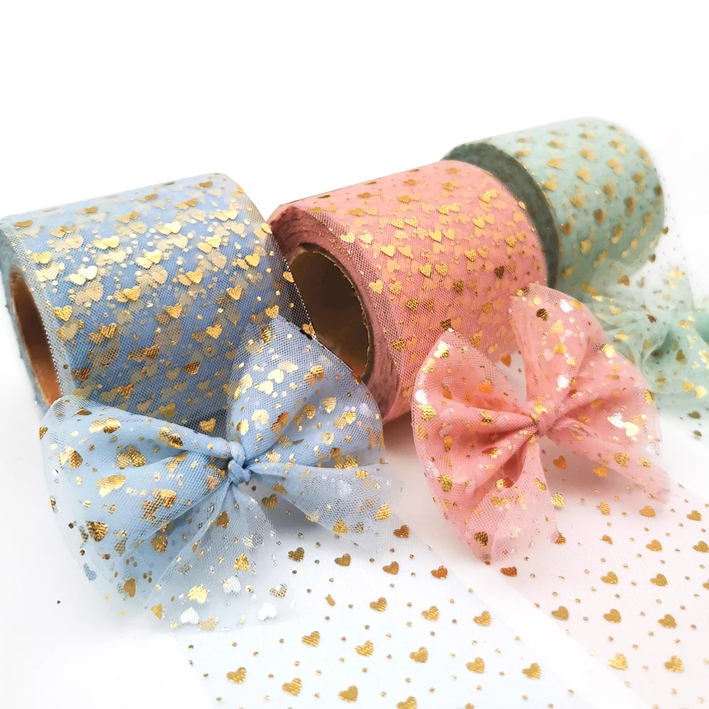 6cm 25yards Tulle Organza Gift Ribbon Golden Heart Mesh Net Sewing Fabric Valentine's Day Engagment Wedding Birthday Decoration