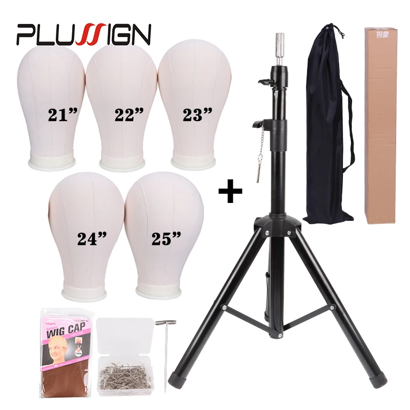 plussign-adjustable-wig-tripod-stand-wig-display-canvas-block-head-21-25inch-50pcs-tpins-2pcs-stocking-wig-cap-for-making-wigs