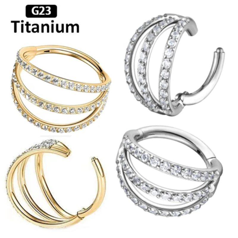 

F136 Titanium Nose Ring Hinged Segment Zircon Stone 3 Fans Out Design Side Nose Ring Stud Cartilage Helix Piercing Jewelry