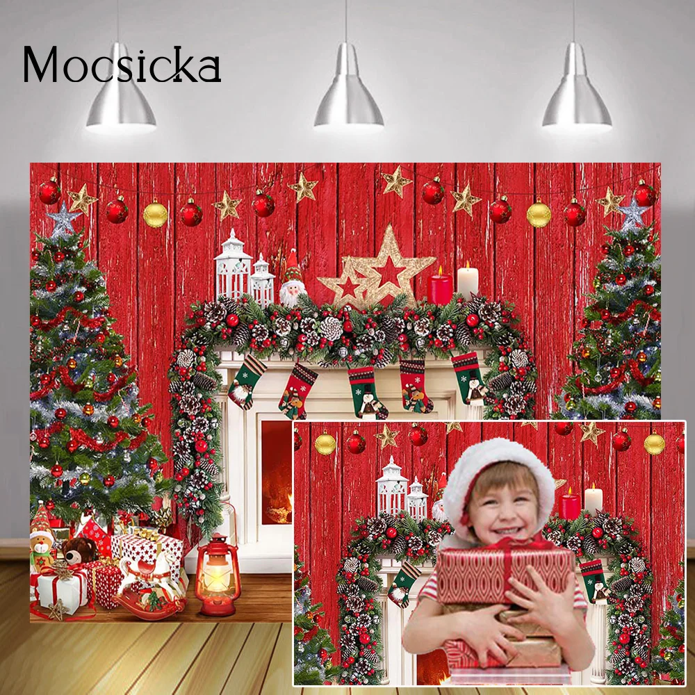 

Red Christmas Background Fireplace Socks Children Winter Birthday Cake Smash Backdrop Gifts Christmas Trees Portrait Photography