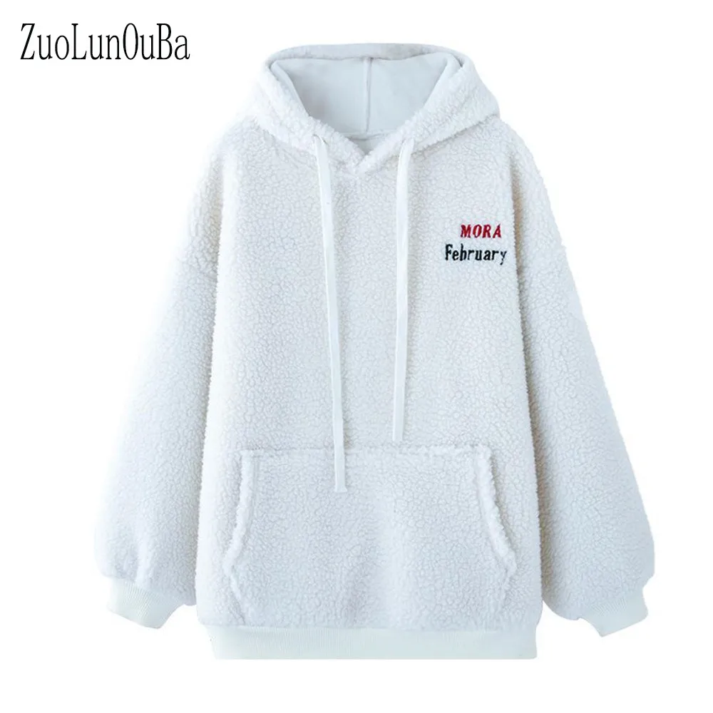 Autumn Winter Women Casual White Hoodie Sweatshirt Letter Print Long Sleeved Stitching Pullover Lamb Velvet Warm Tops Coat