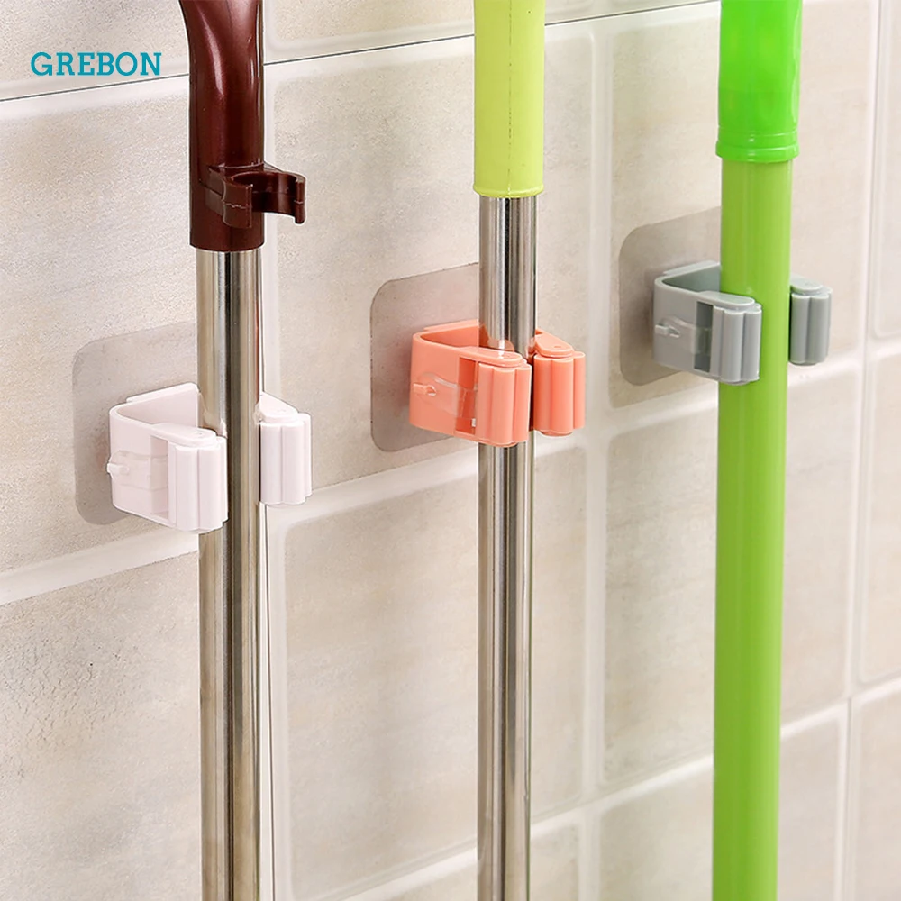 1Pc Wall Mounted Mop Organizer Holder Broom Hanger Bathroom Hook Rack Kitchen Storage Tool Seamless Adhesive Home Clip Hanging