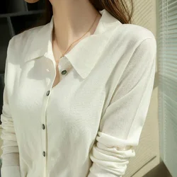 Hot Sale Women 100% Worsted Wool Cardigan Female Elasticity Thin Knitted Cardigans New Turn-down Collar Lady Tops Spring Autumn