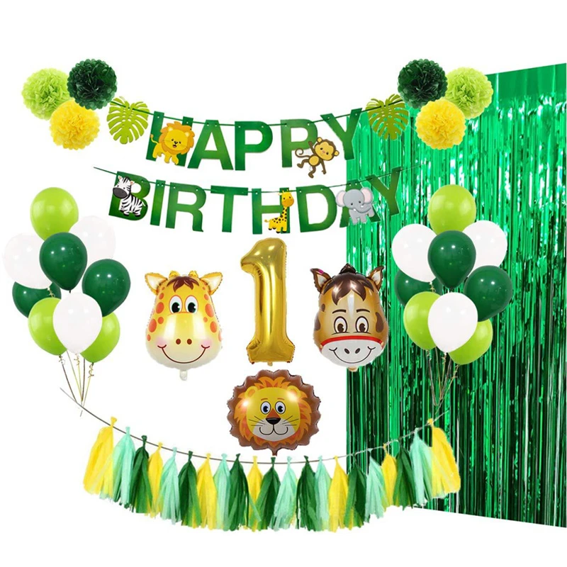 Baby 1st Birthday Party Balloons Decoration Set Animal Ballons Wild Jungle Theme Green Foil Tinsel Curtain Decor for Children