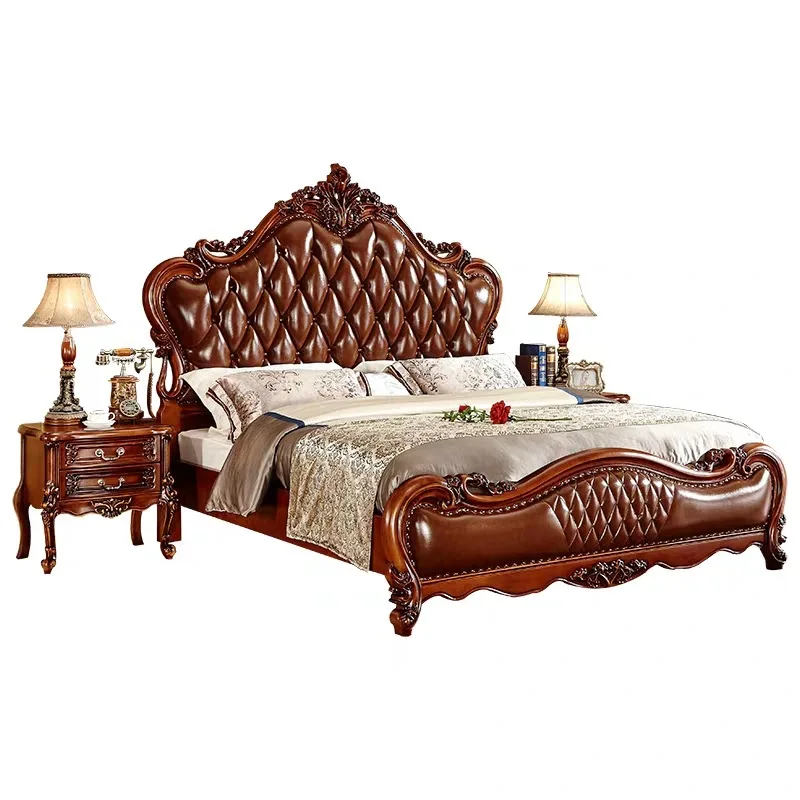 genuine leather bed solid wood carving master bedroom double solid wood1.8 m luxury American wedding bed